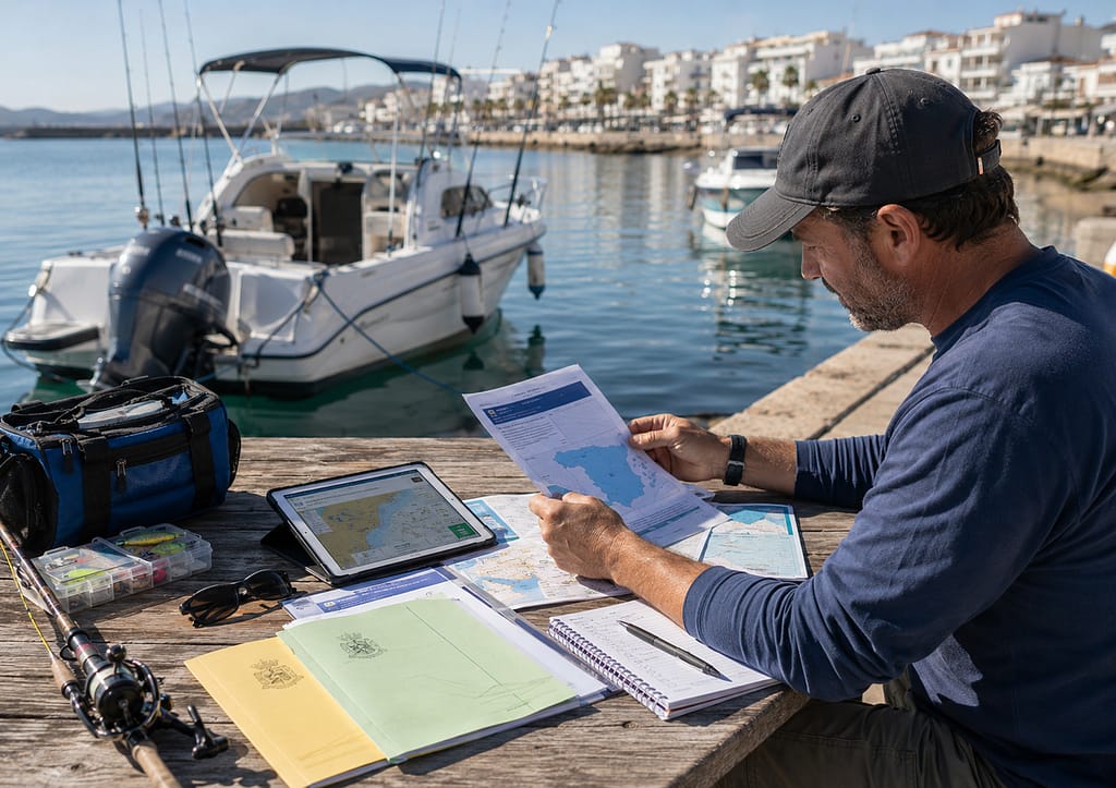licencias y autorizaciones de pesca recreativa en España con documentos de pesca en puerto