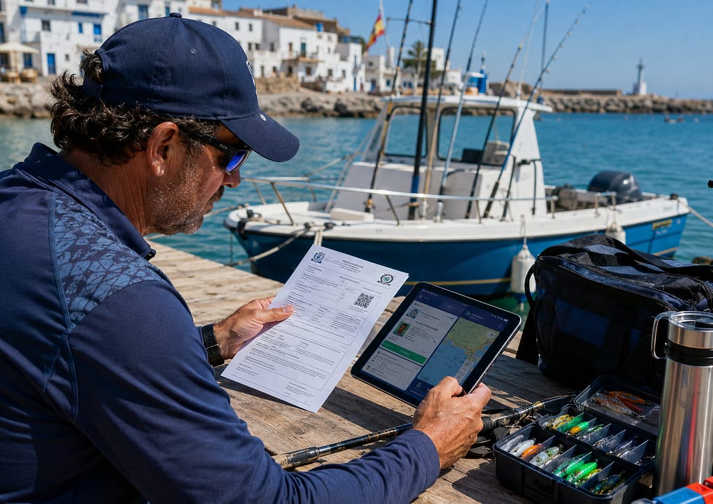 pescador revisando licencia de pesca recreativa y documentos digitales antes de salir al mar