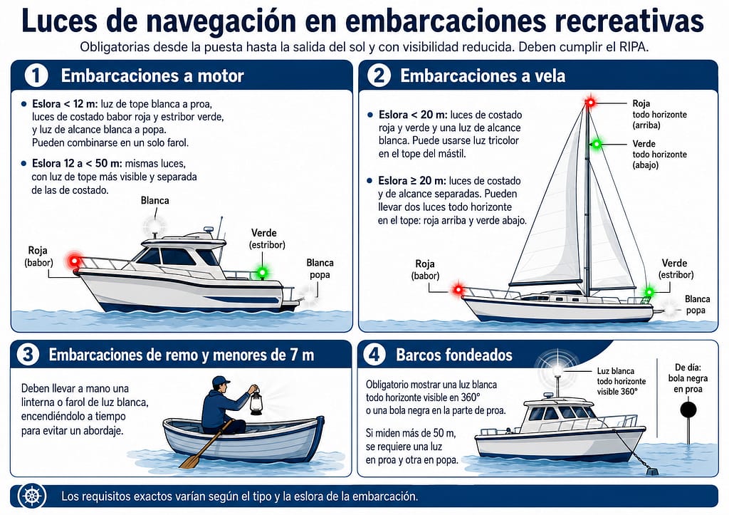 luces de navegación en embarcación recreativa de noche