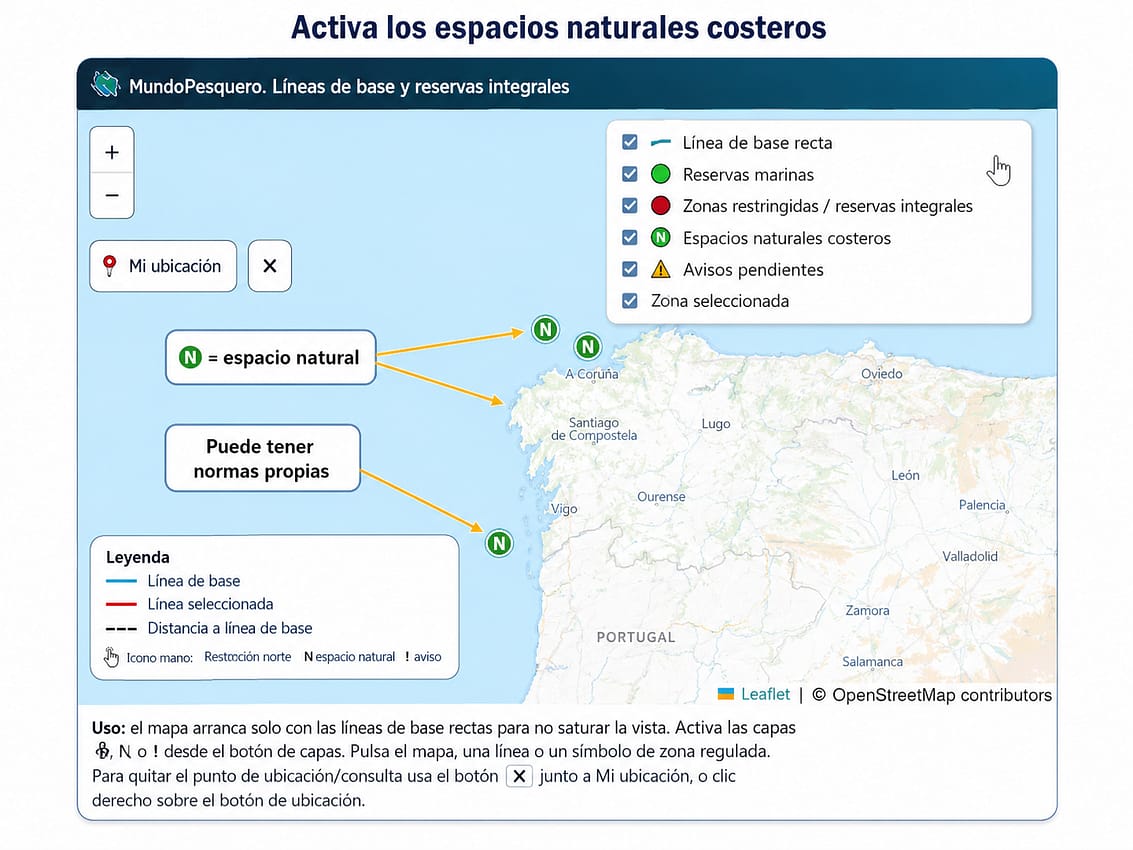 espacios naturales costeros activados en el mapa de zonas reguladas marítimas