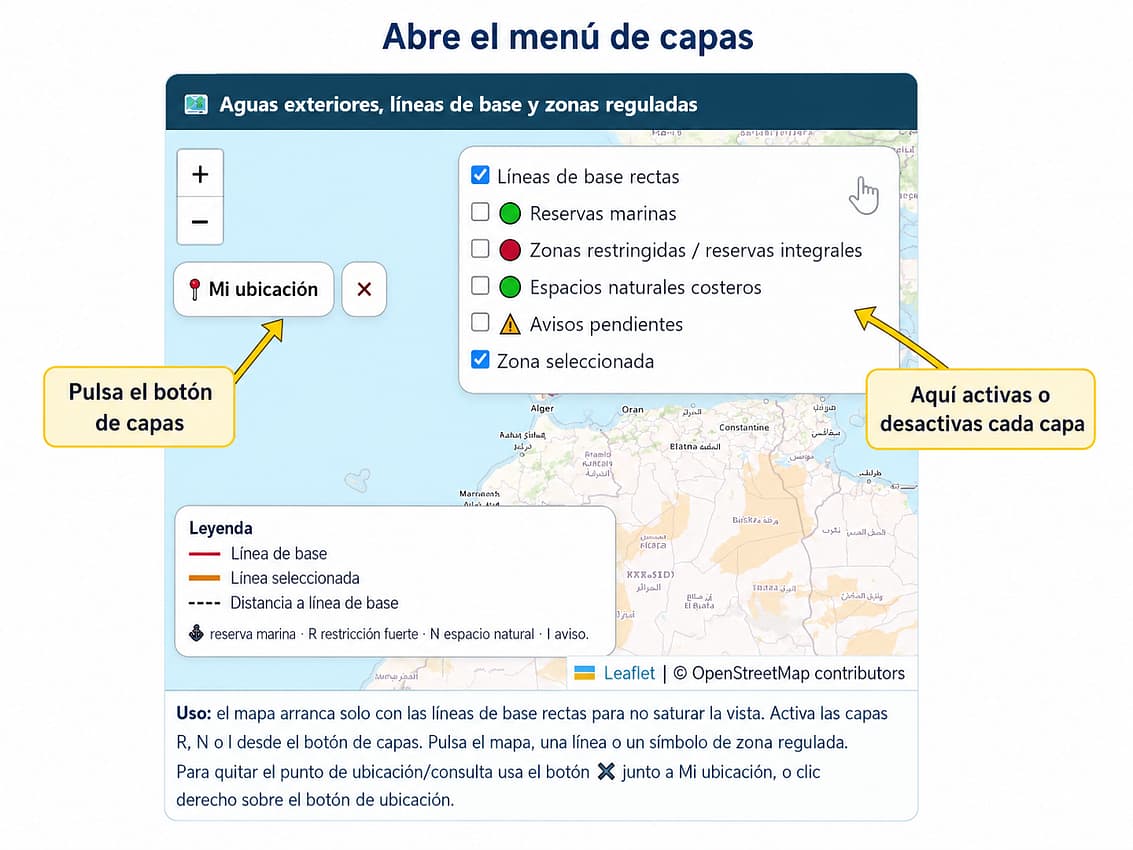 menú de capas del mapa de líneas base reservas marinas y zonas reguladas