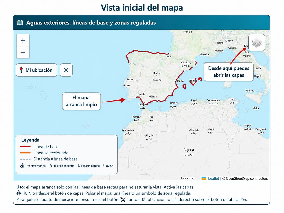 vista inicial del mapa con líneas de base rectas para pesca recreativa marítima