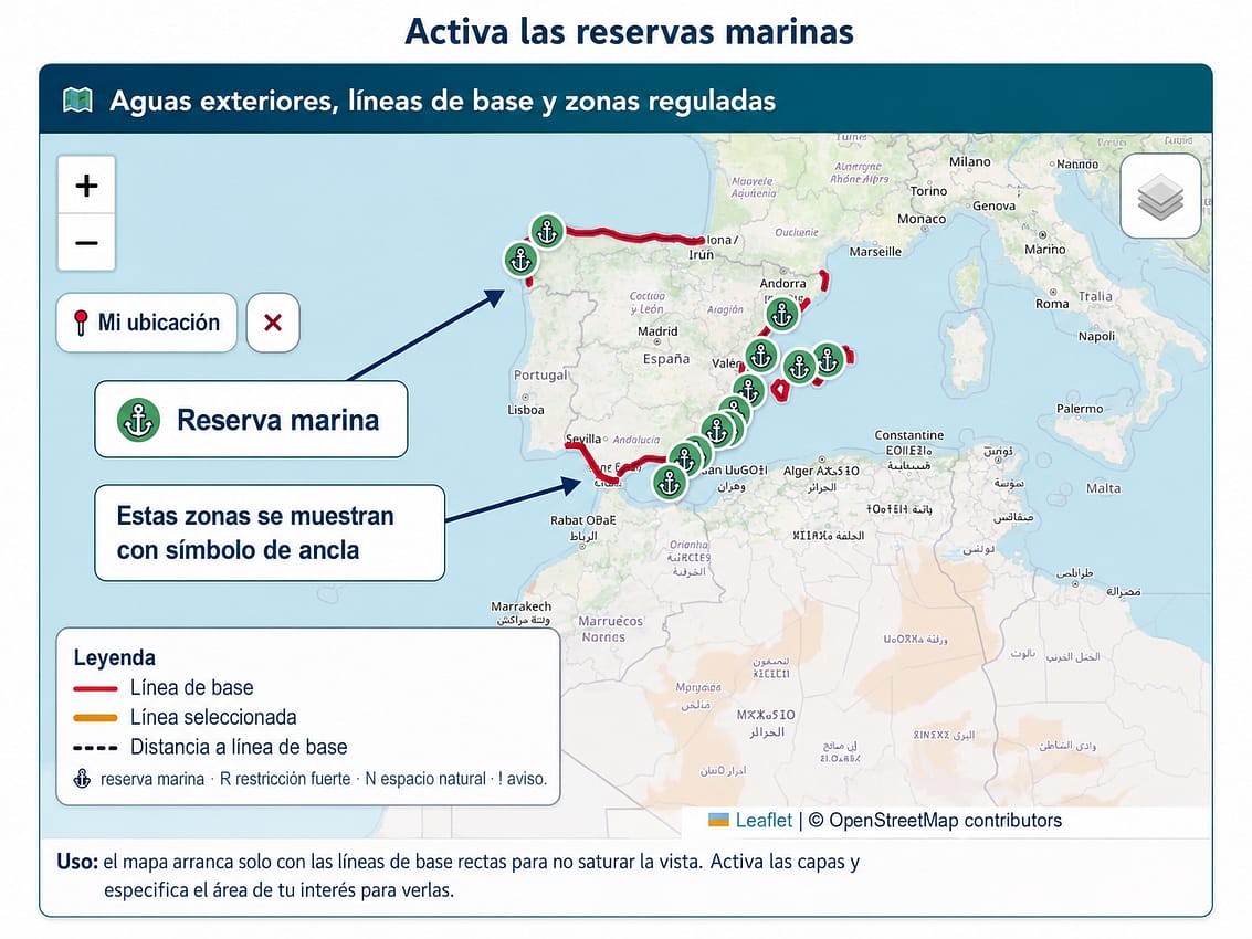 reservas marinas activadas en el mapa de aguas exteriores y líneas de base