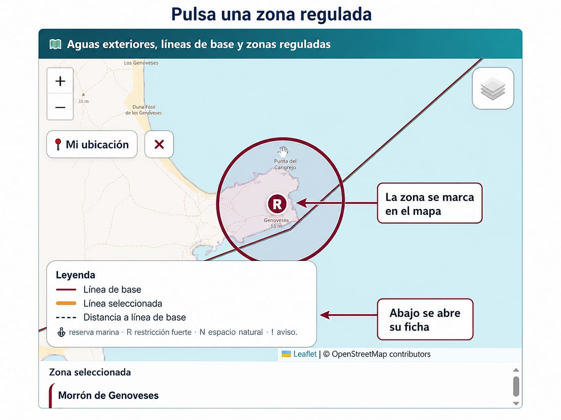 zona regulada seleccionada con ficha informativa en el mapa de pesca recreativa