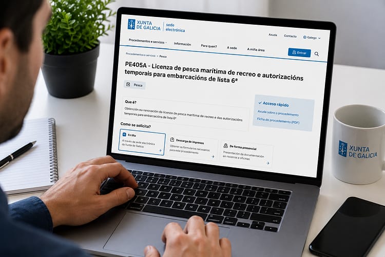 Trámite online PE405A para solicitar la licencia de pesca marítima en Galicia desde la Sede electrónica de la Xunta